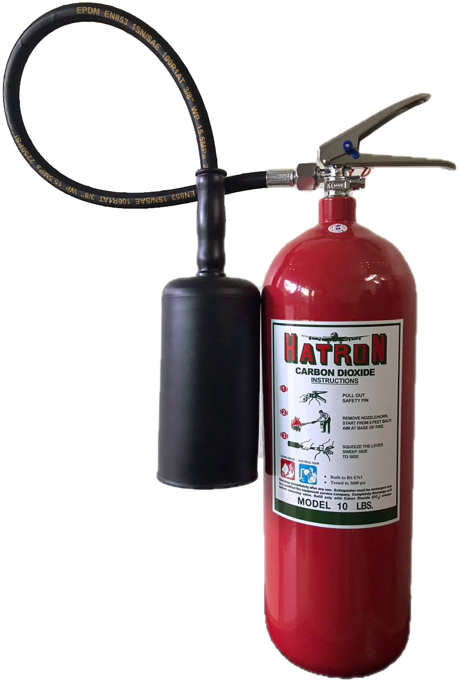 ถังดับเพลิง CO2 HATRON ขนาด 10 ปอนด์ ถังสีแดง กระบอกฉีด (horn) สีดำขนาดใหญ่
